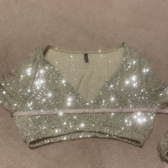 Sequins Cropped Low V-Neck balloon sleeves Women’s Party Top size M - Picture 12 of 13